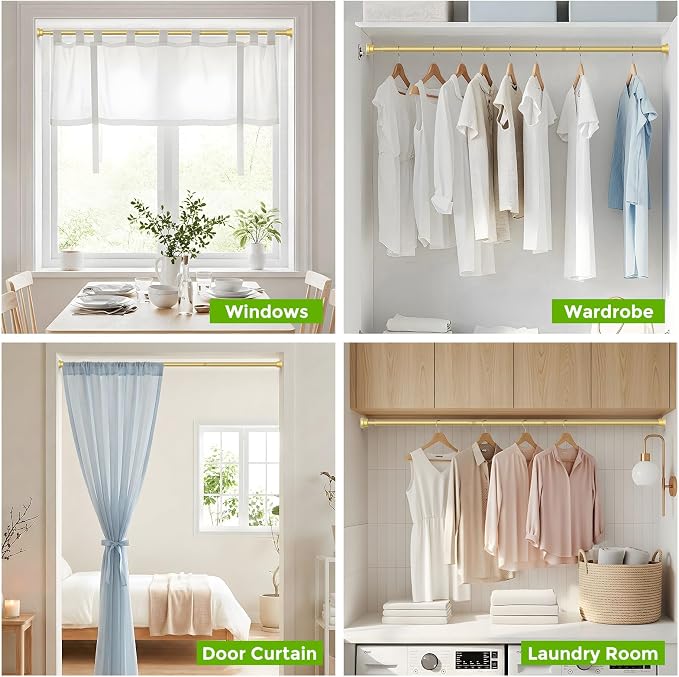 Tension Curtain Rod 30-64 Inch Curtain Rods No Drilling Gold Tension Spring Rod Adjustable Curtain Rod Expandable Shower Pressure Tension for Windows Closet Doorway