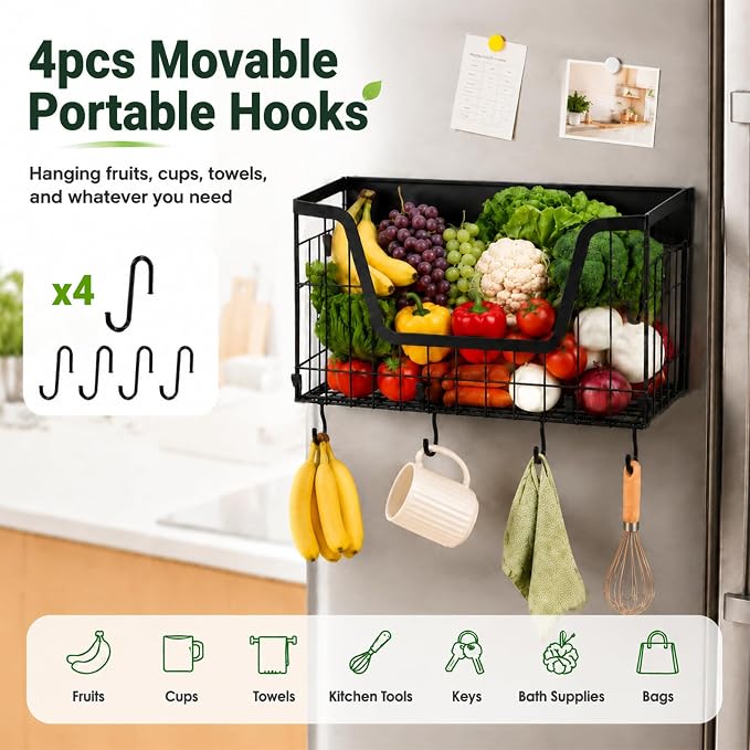 UFORU 2 Set Magnetic Shelf for Fridge, Magnetic Fruit Basket for Refrigerator, Potato Onion Storage Bins with Strong Magnets, Fridge Magnetic Spice Rack for Pantry Kitchen Counter Laundry Room, Black