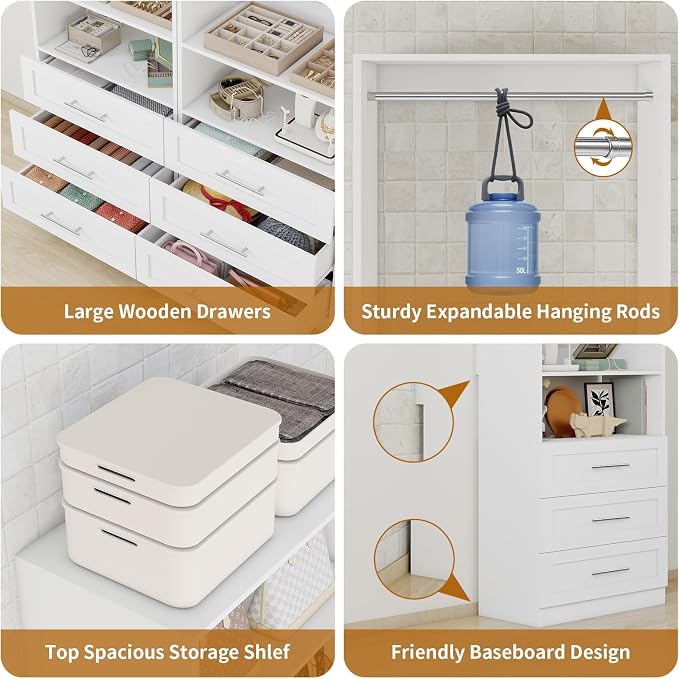 Closet System of 4 Sets with 6 Drawers, 101.9" Walk in Corner Closet System with 9 Hanging Rods & Adjustable Shelves, Custom L-Shaped Modular Closet Organizer System Wood Corner, White