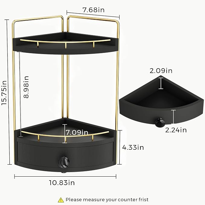 2-Tier Corner Bathroom Counter Organizer with Drawer, Black Gold | Embedded Screw Holes, Wooden Countertop Organizers, Space-Saving, Bottom Ventilation Design, Counter Shelf for Vanity