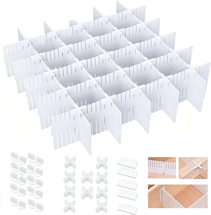 20 PCS with 25 Accessories, Adjustable Plastic Drawer Organizer Inserts, 12.6" x 2.76" x 0.08" White Interlocking Grid Separators for Dresser, Kitchen, Bathroom, Office & Craft Room Storage