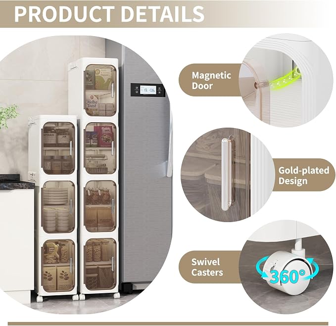 3 Tier Slim Bathroom Storage Cabinet, Foldable and Movable, White | Tools Free, ABS and PET, Magnetic Clear Door, Adjustable Shelves, Lockable Wheels, Water Resistant, For Narrow Space