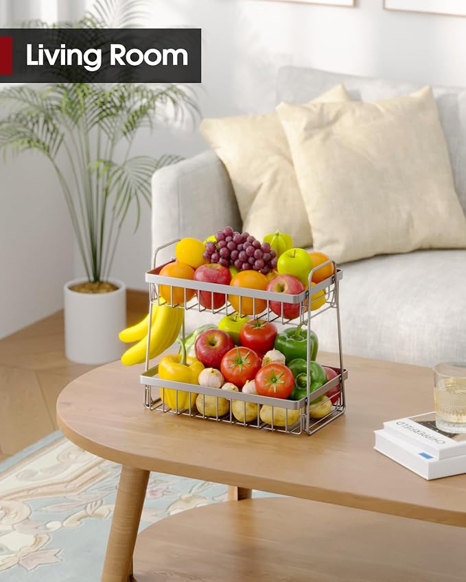 Sakugi Fruit Basket for Kitchen Counter - 2-Tier Fruit Bowl with Removable Banana Hanger & Handles, Rustproof Fruit Holder for Kitchen, Living Room, Bathroom, 13.4"×8.7"×11.7", Silver