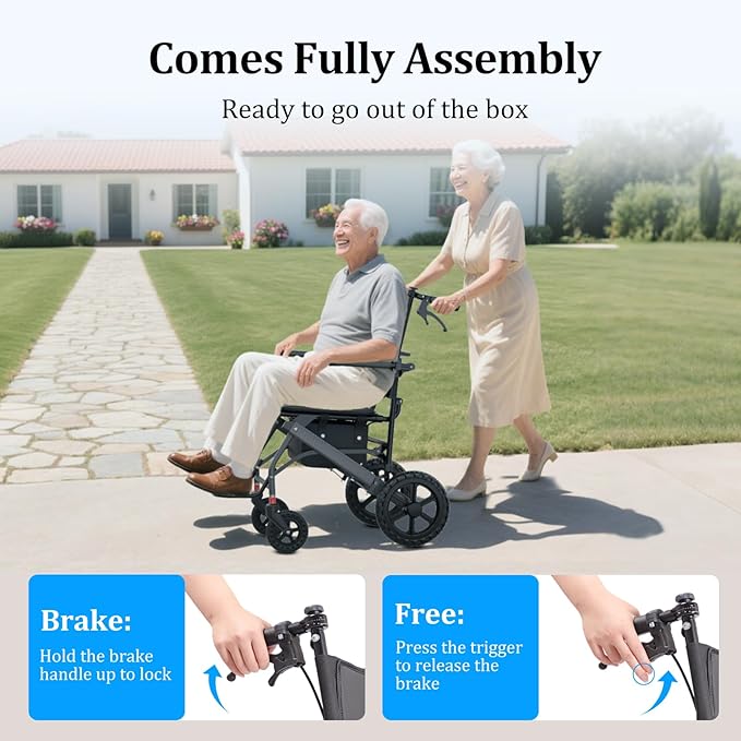 Nihhcune Foldable Wheelchair for Seniors, Ultra Lightweight Rolling Transport Chair with One-Hand Fold No Installation Portable Travel Wheelchair with Handbrake Seat Belt Storage Bag, 300lb Capacity