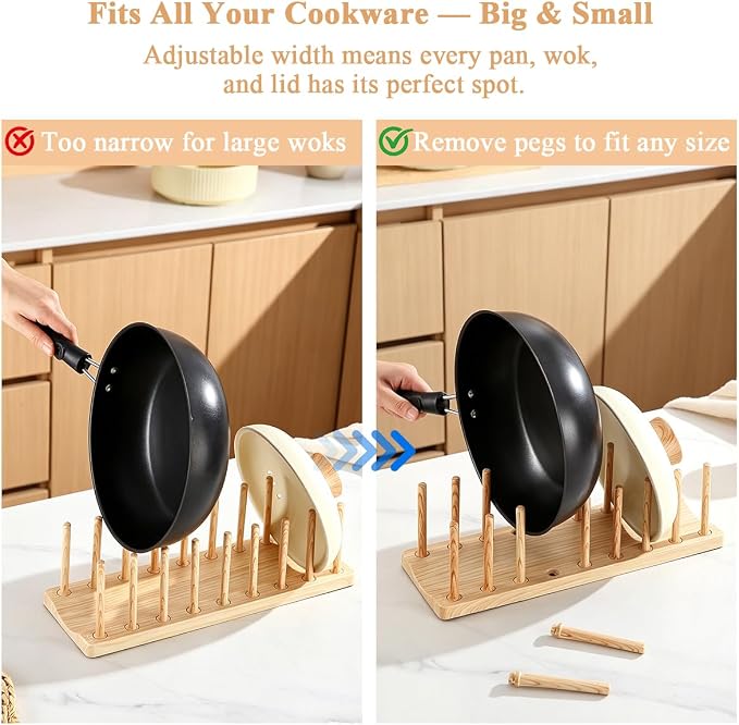 HOMQUEN Pot Lid Organizer, Sturdy Plastic Pan Lid Organizer Rack, 8 Adjustable Compartments - For Cabinet and Countertop, Pot Lids, Pans, Plates, Bowls, Cups, Cutting Boards and Books