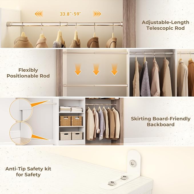 Homieasy Closet System, 4.5-11.5 Ft Expandable Closet Organizer with 5 Hanging Rods, Walk-in Wood Closet Organizer System with Storage Tower, Heavy Duty Garment Rack Wardrobe for Bedroom, White