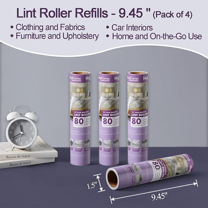 9.45 Inch Large Surface Lint Roller Refills, Fits 9.45" Supersize Lint Rollers with 1.5" ID, 320 Easy Tear Sheets (Pack of 4), Sticky Lint Roller Sheets, Replacement Lint Roller Refill