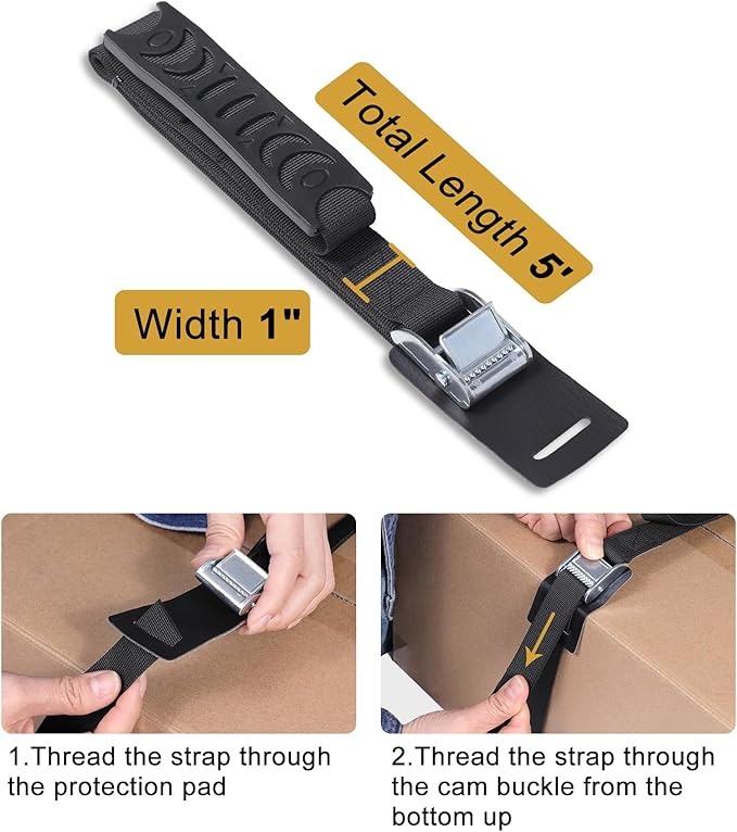 Carrying Strap with Handle, Adjustable Heavy Duty Cam Buckle Tie Down Straps for Safely Moving and Lifting Heavy Boxes, Camping Chairs and Mat (4 pcs 1" x 5')