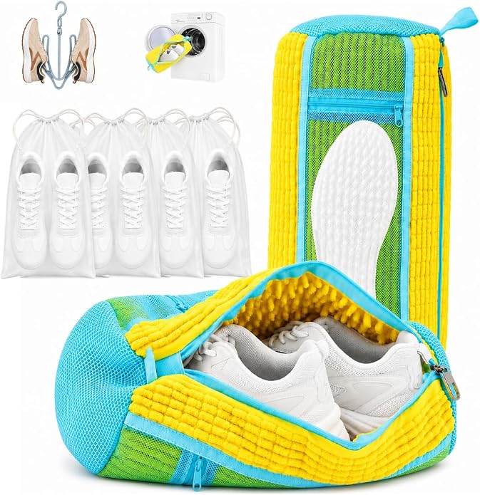 GEWON Shoe Washing Machine Bag for Wash & Dry, 4-in-1 Kit 2 Chenille Sneaker Laundry Bags + 2 Dust Bags, Self-Locking Zipper