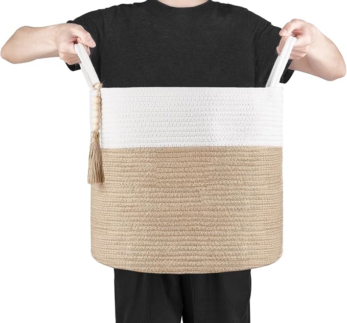 Mkono Woven Storage Basket Decorative Natural Rope Basket Wooden Bead Decoration for Blankets,Toys,Clothes,Shoes,Plant Organizer Bin with Handles Living Room Home, 16" Wx13.8 L, Cream White and Brown