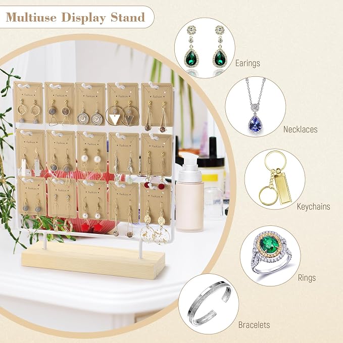Earring Display Stand 3 Tier 15 Hooks Wood Earring Display Rack Holder for Earings Necklaces Rings Bracelets Keychains (White)