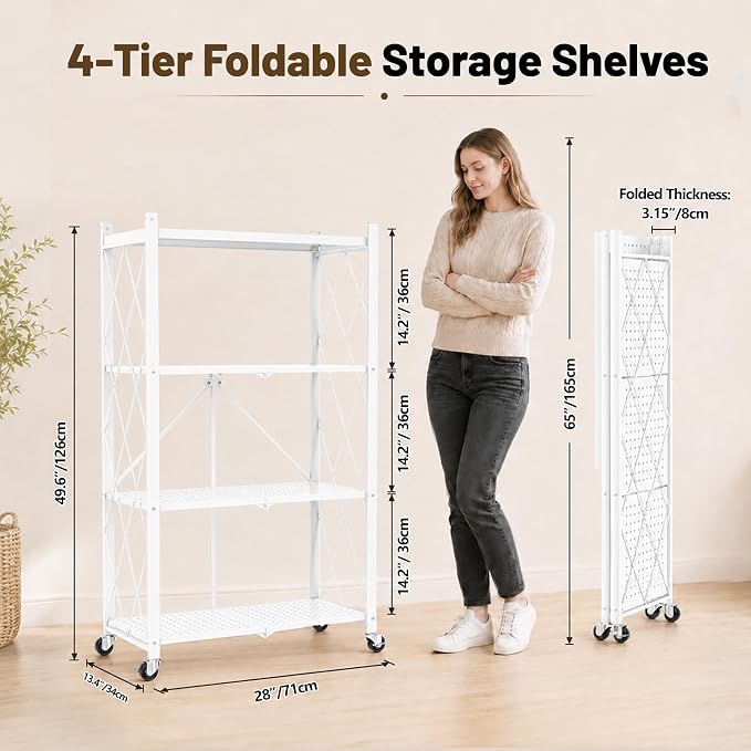 4 Tier Foldable Storage Shelves on Wheels, Heavy Duty Metal Shelving Unit, No Assembly Required for Kitchen, Garage, Pantry, Basement, Bookshelf, White
