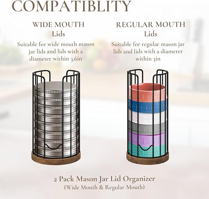 Mason Jar Lid Organizer, Metal & Wood Jar Lid Storage Holder | Rustic Canning Lid Organizer, Vertical Metal Wire Jar Lid Holder Caddy for Mason Jar Lids, Canning Lids and Rings, 2 Pack
