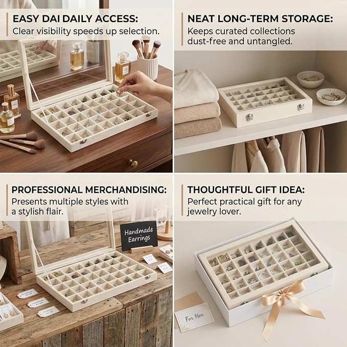 Stratalife Jewelry Organizer Jewelry Tray with See-through Lid 24 Grids Earring Display Showcase Large Velvet Storage Box for Earring Necklace Rings Dice Beige