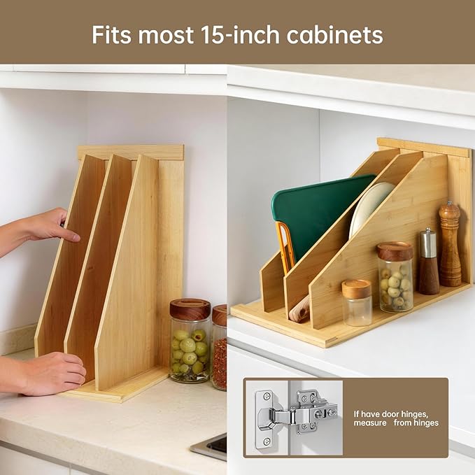 Tray Dividers for Kitchen Cabinets (14"H x 21.3"D) - Bamboo Cabinet Organizer with 3 Dividers for Cookie Sheets, Baking Pans, Cutting Boards & Pot Lids - Fits 15" Base Cabinet