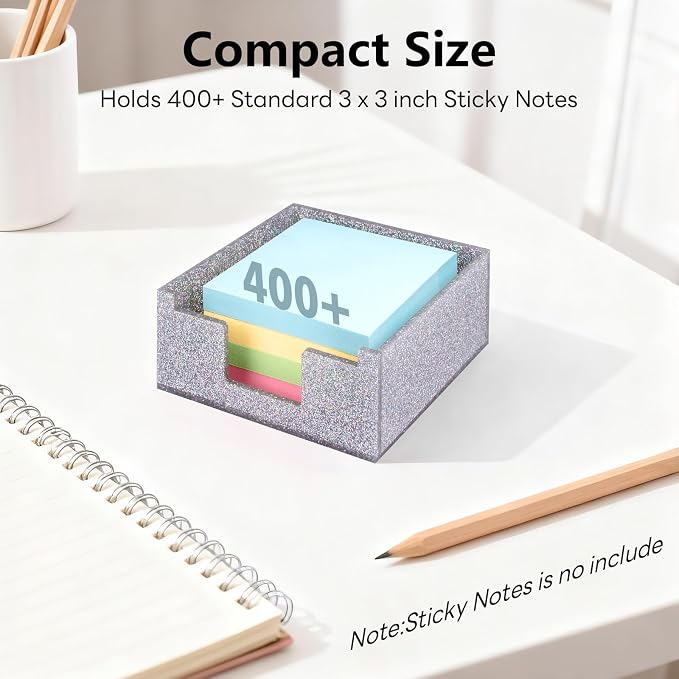 Acrylic Sticky Note Holder 4x4in Tray for Desk, Silver Glitter | Sparkling glitter acrylic tray, fits 3x3 sticky notes, compact organizer for office school and home