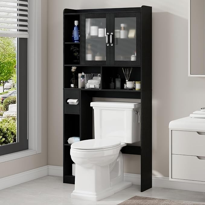 Vabches Over The Toilet Storage Cabinet, Farmhouse Storage Cabinet Over Toilet with Acrylic Doors，Home Space-Saving Toilet Rack, for Bathroom, Restroom, Laundry (Black)