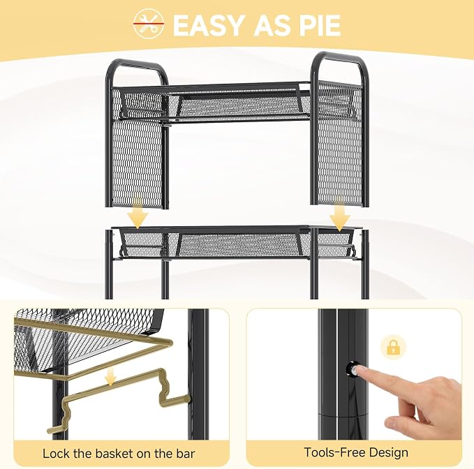 4 Tier Metal Rolling Utility Cart - Heavy Duty Storage Trolley with Pegboard, 4 Hooks & 1 Bin, Mobile Organizer Shelves for Bathroom Kitchen Office Craft Room Laundry, Black