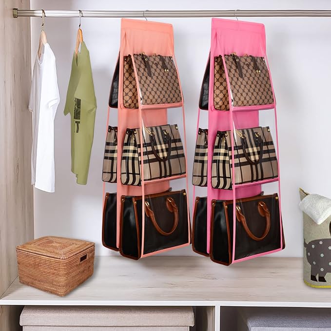 Lirex Medium and Large Handbag Hanging Purse Organizer for Closet, Handbag Storage Organizer Hanger Oxford Cloth Closet Organizer for Family Closet Bedroom, Foldable and Universal Fit, Light Pink