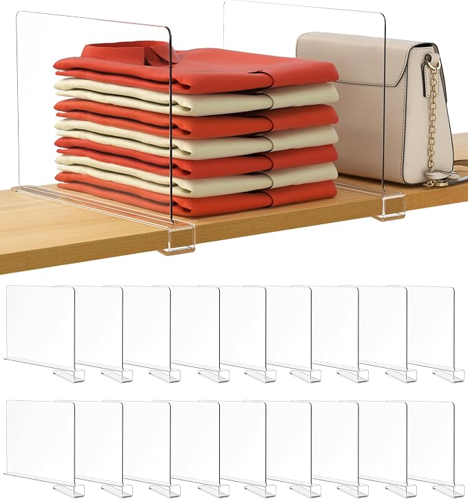 HBlife 18 Pack Clear Shelf Dividers, Vertical Purse Organizer for Closet Perfect for Sweater, Shirts, Handbags in Bedroom and Kitchen, Adjustable Acrylic Bookshelf for Organization