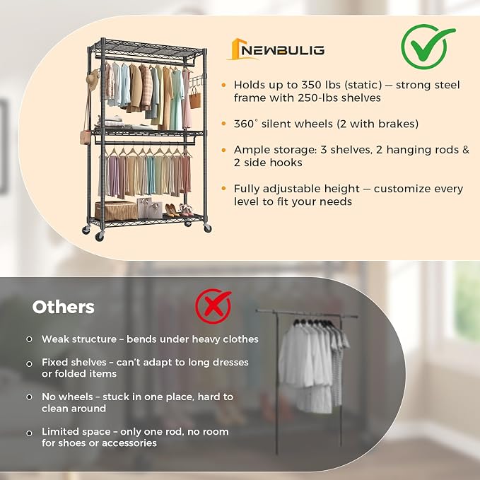 NEWBULIG Heavy Duty Clothing Rack with Wheels, 3-Tier Adjustable Wire Garment Rack, Metal Freestanding Closet Organizer System with Double Hanging Rods & 8 Side Hooks, 47"x17"x80", Black