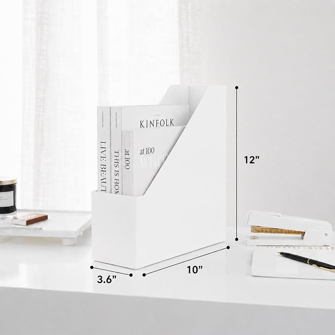 BLU MONACO Set of 6 Foldable White Magazine File Holders | Vertical Desk File Organizer Boxes With Leather Label Holders | Stylish Cardboard Magazine Storage for Shelves, Workspace and Home Office