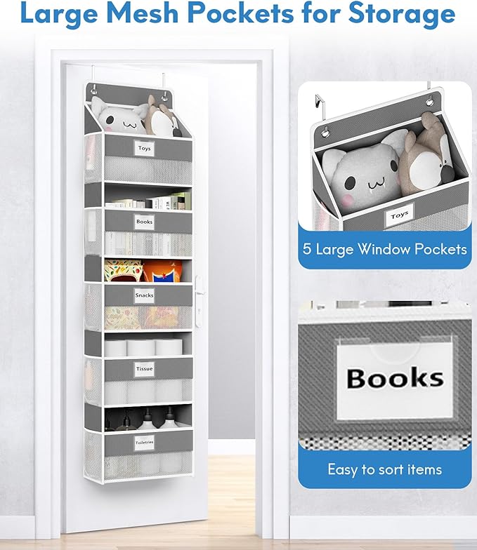 Optish Over The Door Organizer Hanging, 2 Pack 5 Shelf Behind The Doors Storage, Pantry Door Organizer, Closet Organizers for Bedroom and Nursery (Dark Grey)