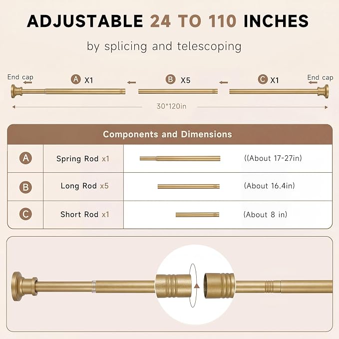BRIOFOX Gold Tension Curtain Rod 24 to 110 Inch(2-9.1ft) - Stainless Steel Spring Tension Shower Curtain Rod, No Drilling Satin Gold Tension Rod for Curtains or Windows