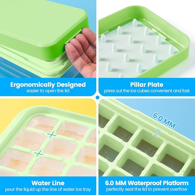 0.8“ Ice Cube Tray with Lid and Bin, PHINOX 28 Cubes Ice Trays for Freezer, Ice Cube Trays for Freezer with 1 tray, Container, Lid & Ice Scoop, BPA Free, Green(28Cubes/Tier)