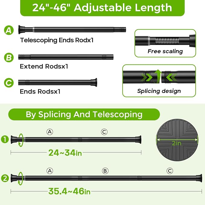 Black Small Shower Curtain Rod 24 to 46 Inches Adjustable, 3/4 Inch Diameter Heavy Duty Tension Curtain Rods No Drill, Rust-Resistant Tension Rod for Bathroom, 4 Pack