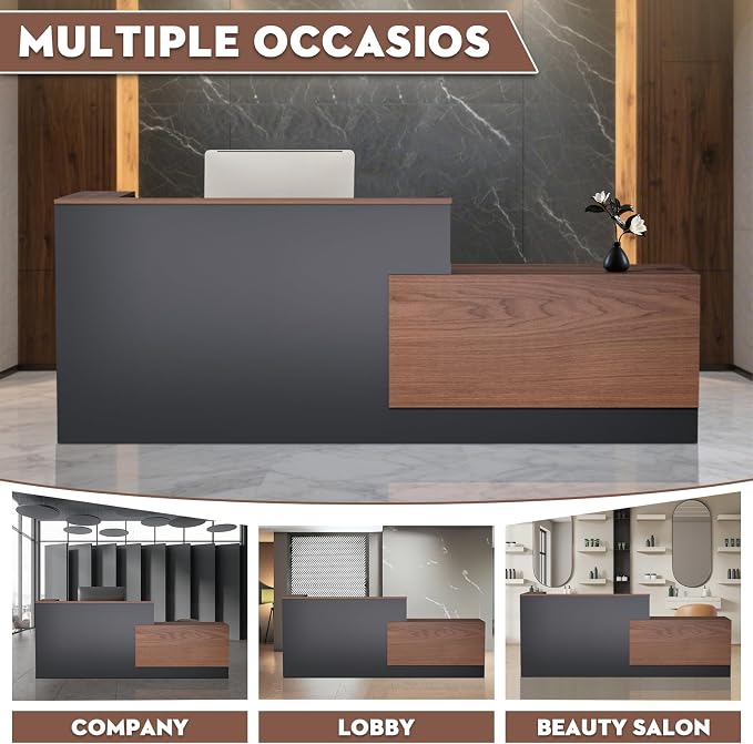 L-Shaped Large Wooden Reception Desk, Modern Front Desk Reception Counter with Lockable Drawers, Storage & Keyboard Tray for Office Lobby Checkout (Right-Brown + Black, 87''L x 42''W x 41''H)