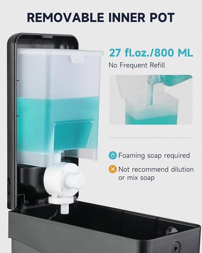 AIKE Foaming Commercial Soap Dispenser,27oz Capacity for Bathroom,Black | No-Drill and Screw Wall Mount Design for Space-Saving,Large Button and Capacity Dense Foam for Commercial Bathroom,AK1006F