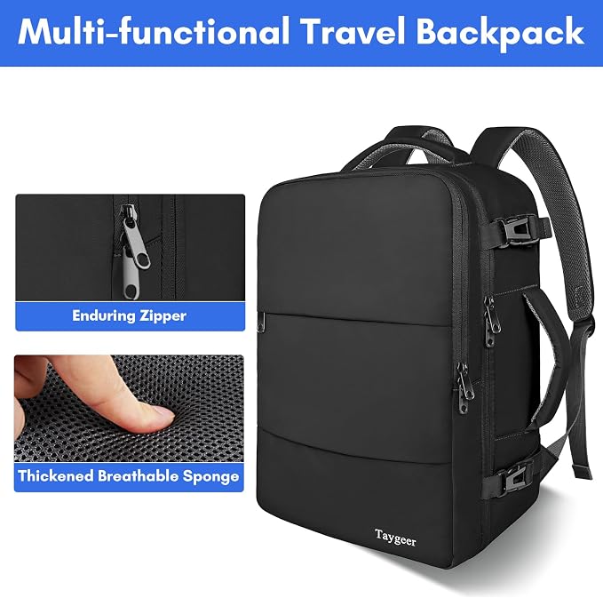 Taygeer Travel Backpack for Men Women, Carry On Backpack with Shoe Pouch | TSA 17.3inch Laptop Mochila Flight Approved, Nurse Bag Casual Daypack for Weekender Business Hiking,Black