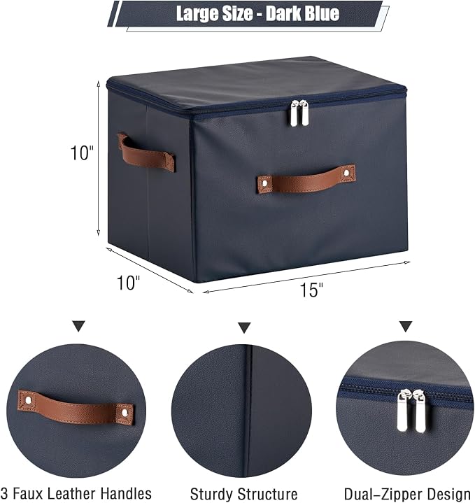 Storage Bins with Zipper Lid PU leather Storage Boxes Leather Fabric Collapsible Lidded Baskets Cube with Handle Decorative Shelves Closet Office Organizer Container(Dark Blue, Large Size)