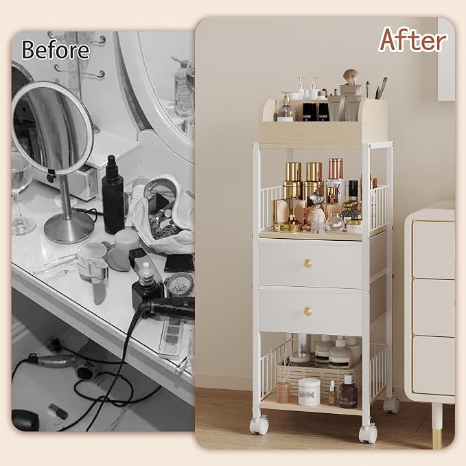 Floor Makeup Organizer Storage Cart Rolling Makeup Cart with Drawers | Make Up Organizers and Storage for Skincare Cosmetics Display Cases Holder for Skin Care Nail Polish Perfume Makeup Brush
