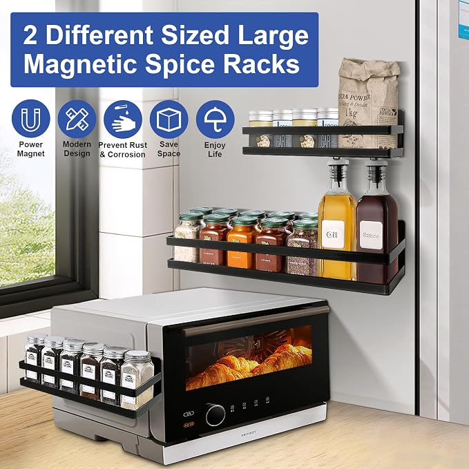 Uten Large Magnetic Spice Rack for Refrigerator 2 Pack, Spice Organizer | Strong Heavy Duty Metal Magnetic Schelves, Capacity of up to 23lbs, Muti-Use, 16"*4.5" and 12"*4", Black