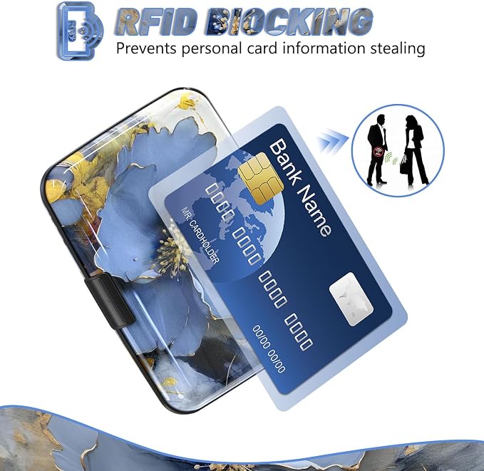 Credit Card Holder, Mini RFID Small Aluminum Card Wallet Business Card Case | Blocking Slim Metal RFID Blocking Front Pocket Wallet Hard Case Durable CC Holder for Women Girls, Blue Flowers