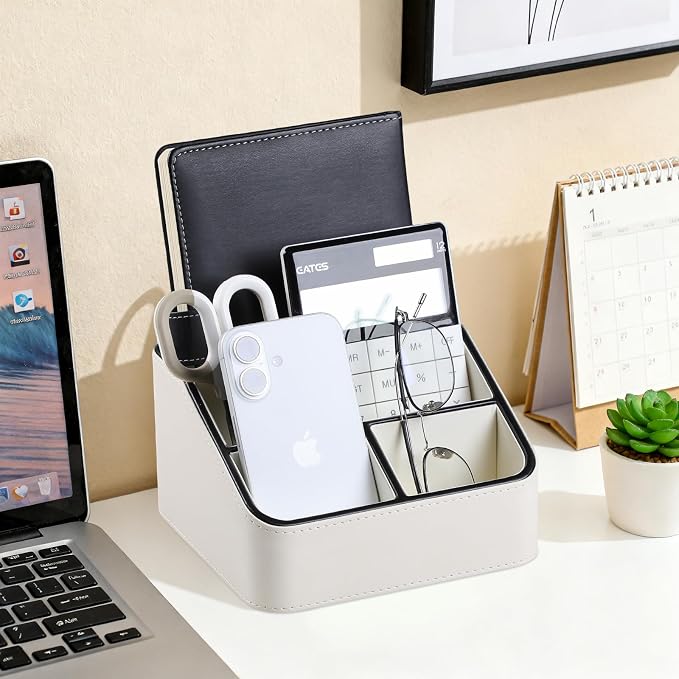 PU Leather Remote Control Holder, Nightstand Organizer with 4 Compartments | Luxury Desk Caddy with Velvet Lining, Small Desk Organizer for Living Room, Bedroom, Bedside, End Table, 6.8" x 6.7" x 4"