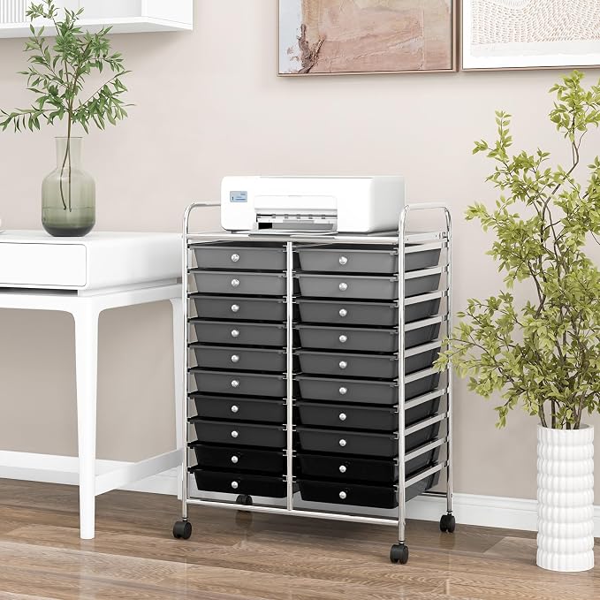 LDAILY 20-Drawer Rolling Storage Cart, Rolling Storage Cart, Storage Organizer on Wheels, Metal Frame, Scrapbook Paper Tools, Suitable for Office School, Classroom (Gradient Grey, 20 Drawer)