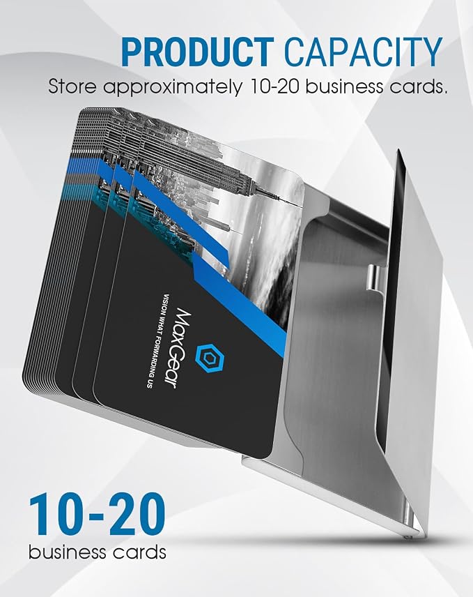 MaxGear Stainless Steel Business Card Holder, Slim Card Case, Silver Mirror | Soft Interior Lining, Buckle Closure, Fits Standard Business Cards and Credit Cards