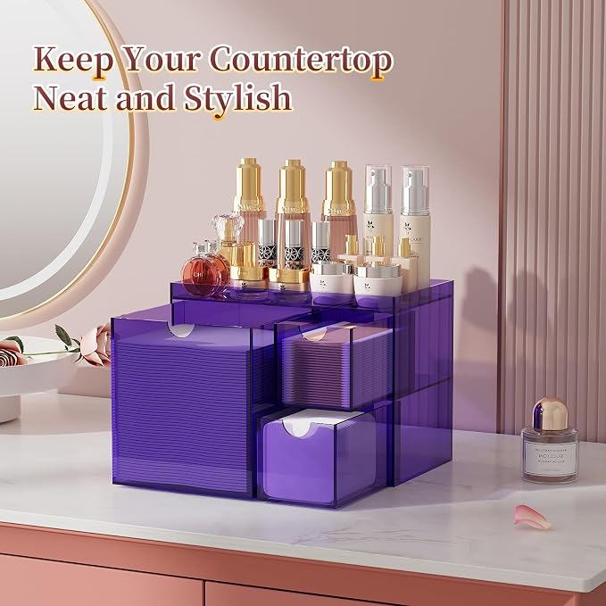 Youdepot Purple Acrylic Face Towel Holder with 3 Drawers | Disposable Face Towel Organizer for XL Facial Towels, Cotton Pads, Swabs, Skincare Tools, Bathroom Vanity Countertop