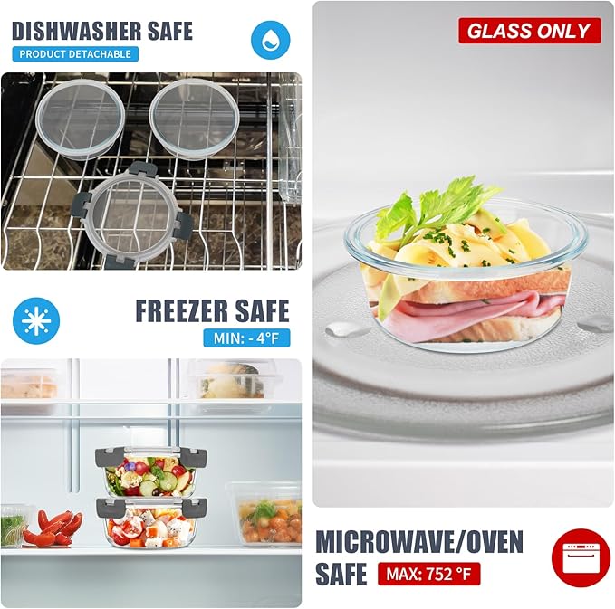 6 Pack, 21oz Round Glass Food Storage Containers with Airtight Lids, Grey | Portion Control Containers Set, Ideal for Meal Prep, Leftovers, Freezer to Microwave Safe