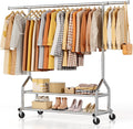 EAGMAK Heavy Duty Clothes Rack Load 556 LBS, Rolling Clothing Rack With Shelves, Height Adjustable Metal Clothes Hanger with Wheels Portable Wardrobe Organizer Garment Rod for Hanging Clothes (Silver)