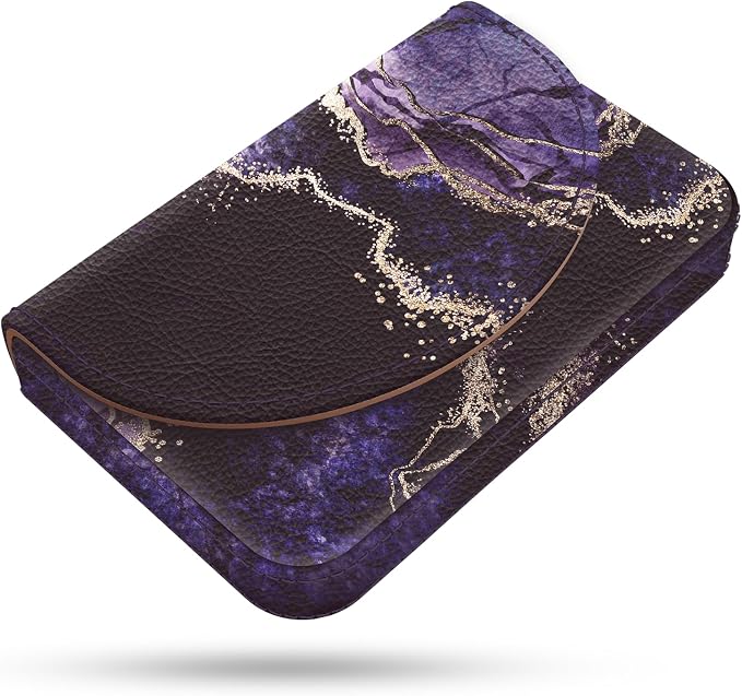 Business Card Holder，PU Leather Business Card Case Color Printing Pattern Card Holder Wallet，Pockets Magnetic Credit Card Holders for Men and Women，Purple Marble