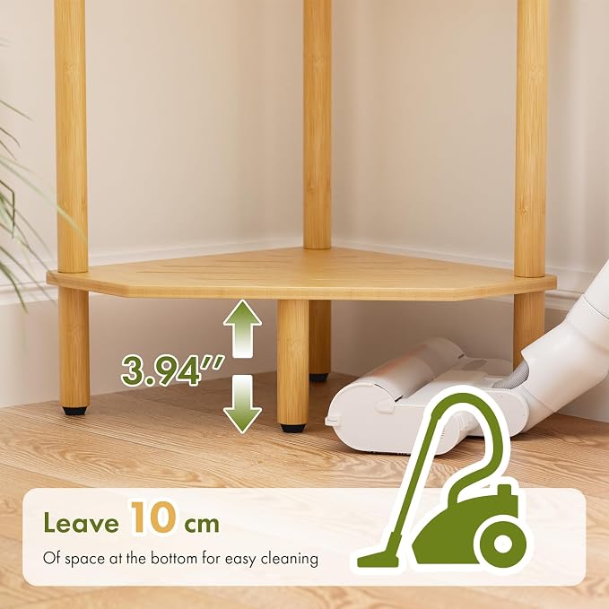 3 Tier Bamboo Corner Shelf, Storage Stand with Adjustable Feet, Small Spaces Corner Bookshelf, Plant Stand, Space-Saving Organizer Shelves, Small Corner Table for Bathroom Kitchen Living Room