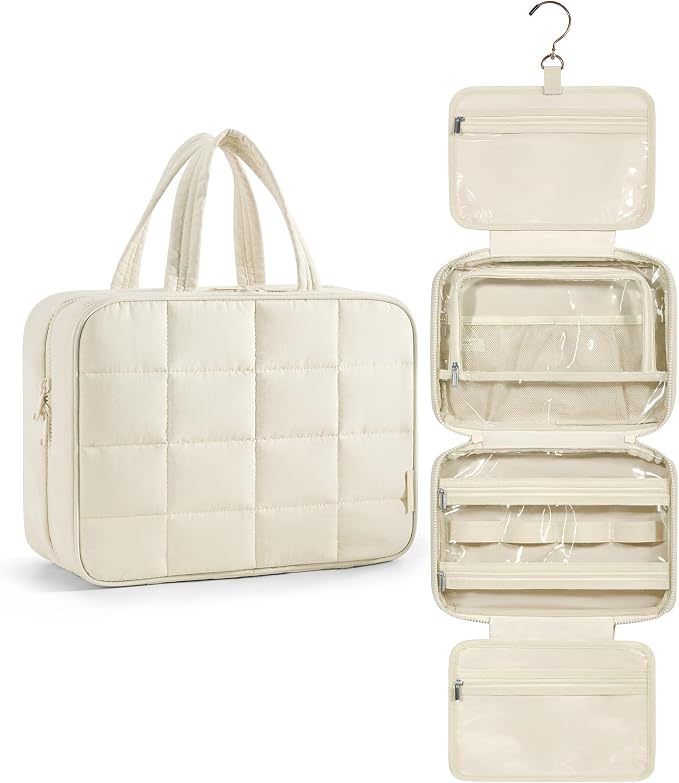 BAGSMART Travel Toiletry Bag with Jewelry Organizer, Hanging Travel Bag for Toiletries, Puffy Makeup Cosmetic Bag Organizer, Carry-on Travel Accessories Essentials, Beige-L