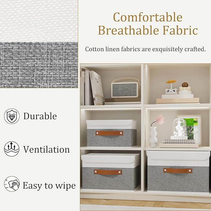 OUTBROS Large Collapsible Storage Box with Lid, Linen Fabric Wardrobe Organiser, Containers For Towels, Clothes, 15 x 9.8 x 9.8 inch (White/Grey, 5-Pack)