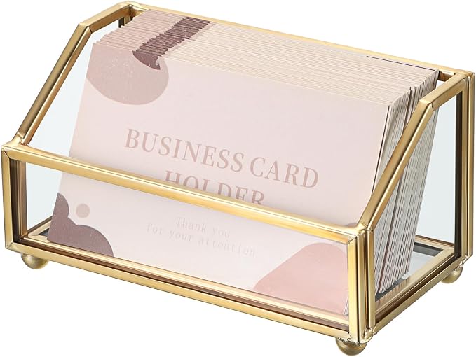 Hipiwe Glass Business Card Holder Stand, Gold Metal Frame Name Card Display Organizer, Office Desktop Countertop Business Cards Storage Holder, Fits 80-100 Business Cards