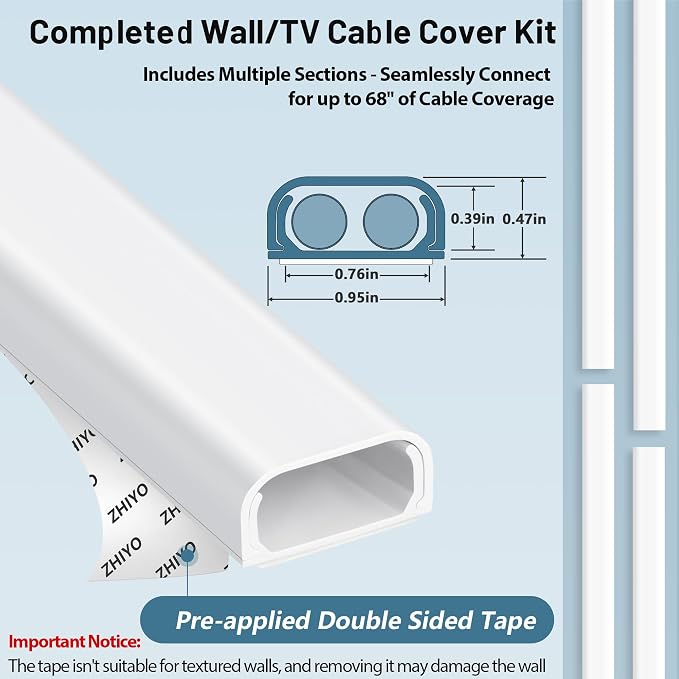 ZhiYo Cable Hider Raceway Kit, Cord Hider for TV on Wall, Paintable Cord Cover Channel, Wire Hiders for Wall Mounted TV in Home Office, 0.95in (W) x 0.47in (H), White