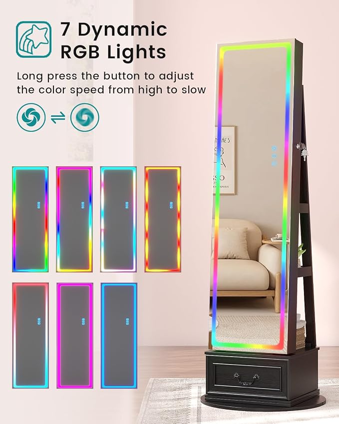 Vlsrka Jewelry Armoire with Full Length LED Mirror, 360° Swivel, Black | Standing Mirror with Storage, Lockable Jewelry Cabinet with Touch Screen & RGB Modes for Small Bedroom Spaces, Gift for Women